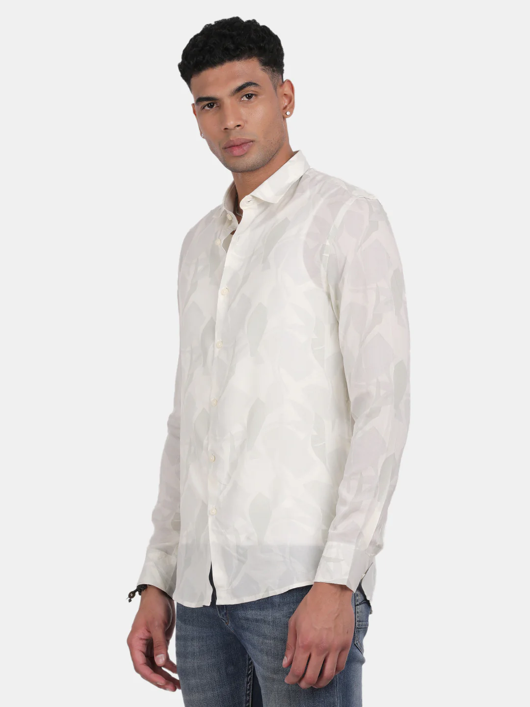 Men Cream Slim Fit Spread Collar Full Sleeve Casual Shirt - Image 5