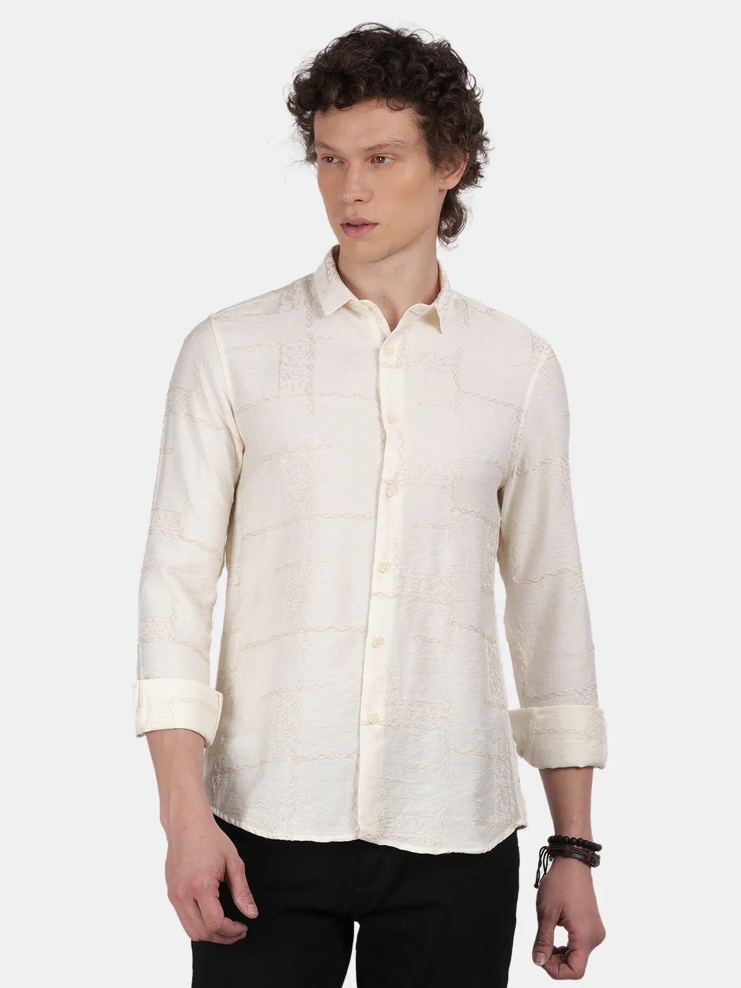 Men Cream Slim Fit Spread Collar Full Sleeve Casual Shirt - Image 2