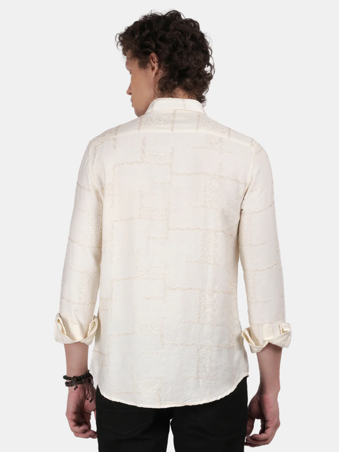Men Cream Slim Fit Spread Collar Full Sleeve Casual Shirt - Image 3