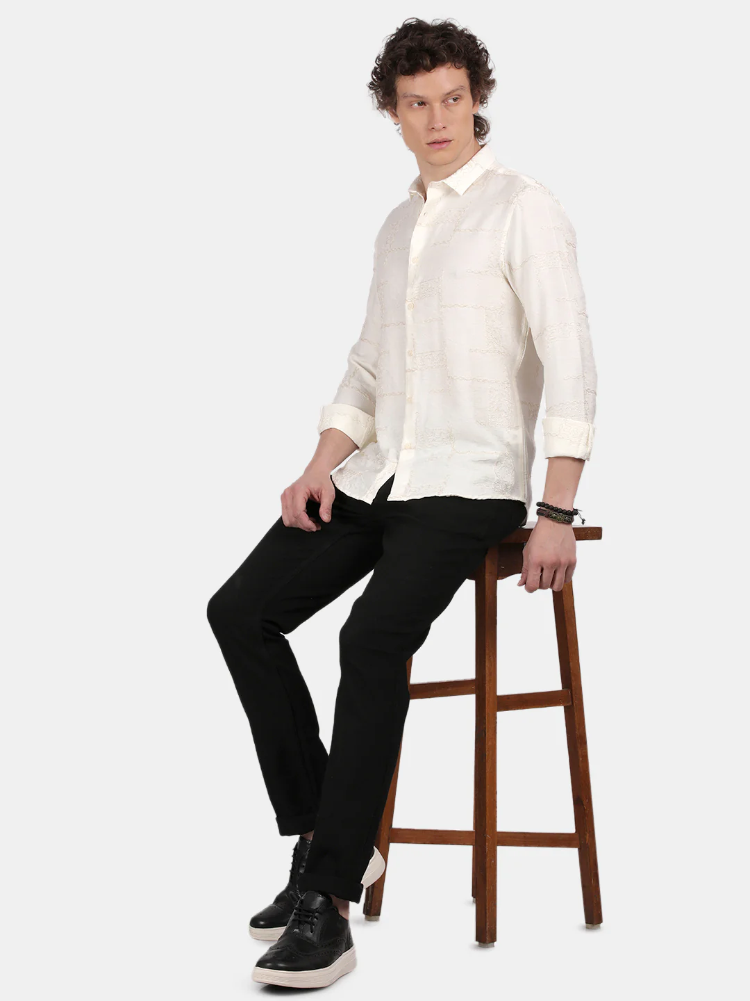 Men Cream Slim Fit Spread Collar Full Sleeve Casual Shirt - Image 4