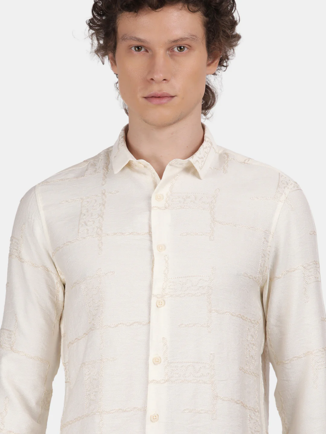 Men Cream Slim Fit Spread Collar Full Sleeve Casual Shirt - Image 5