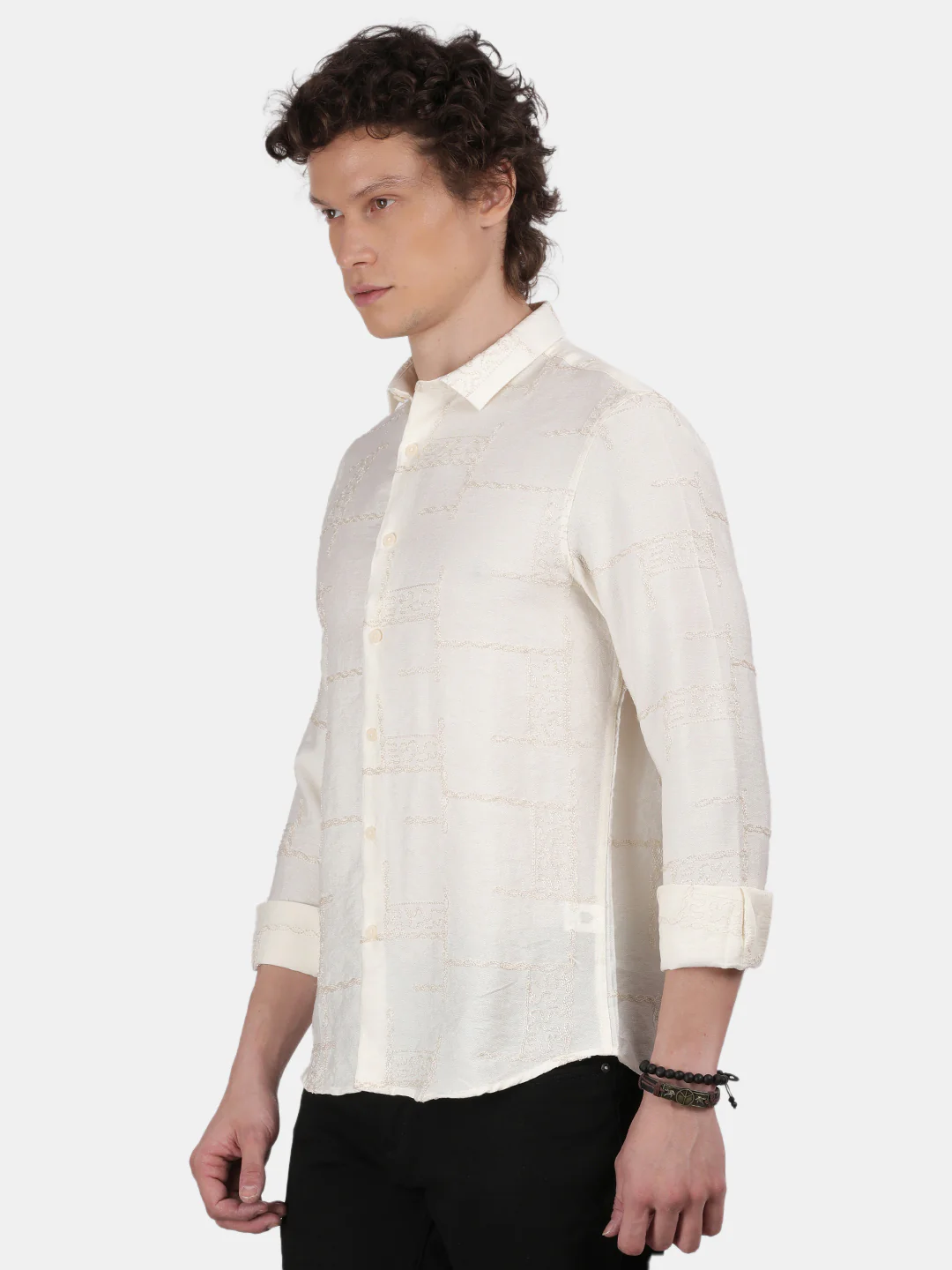 Men Cream Slim Fit Spread Collar Full Sleeve Casual Shirt - Image 6