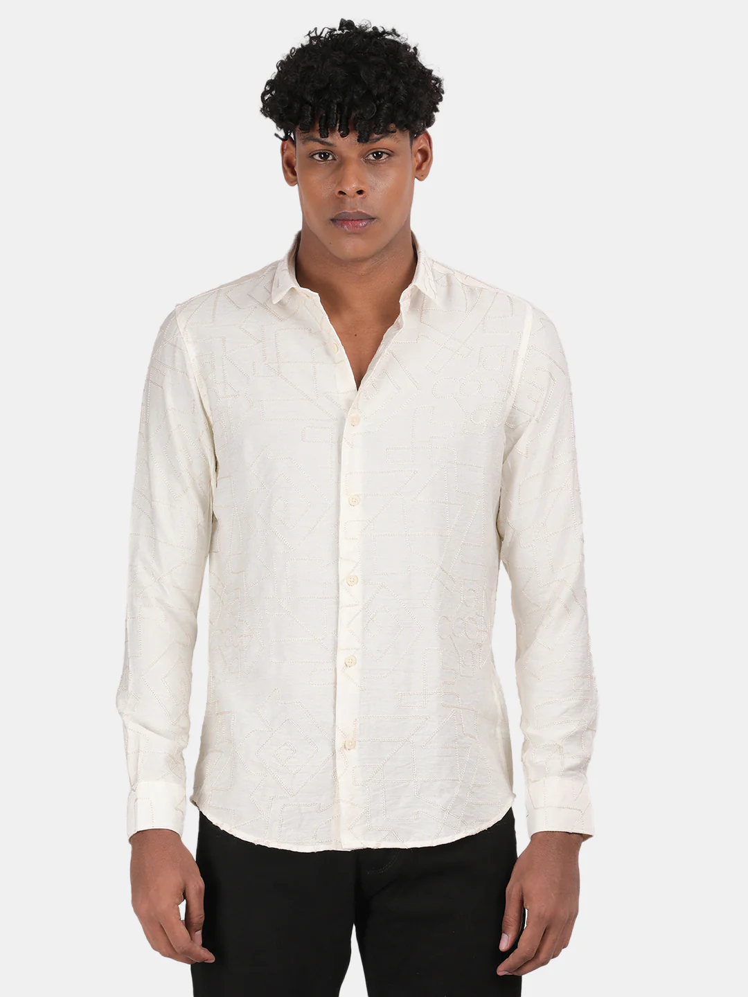 Men Cream Slim Fit Spread Collar Full Sleeve Casual Shirt - Image 2