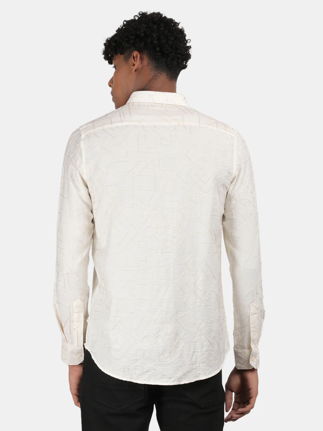 Men Cream Slim Fit Spread Collar Full Sleeve Casual Shirt - Image 3