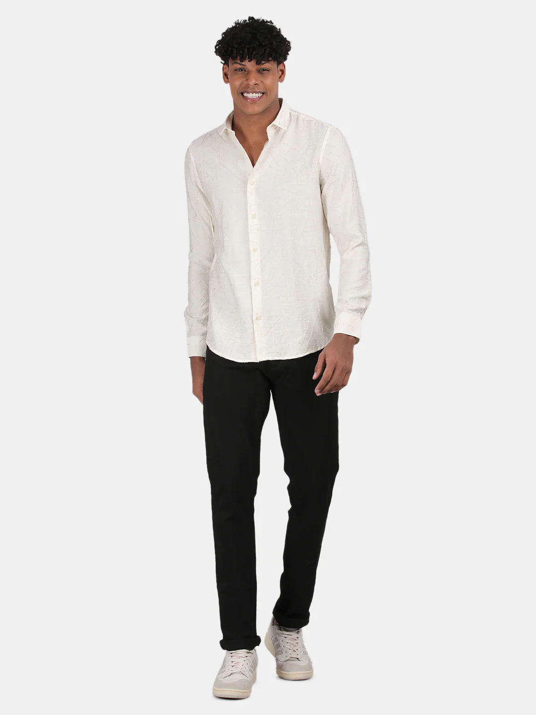 Men Cream Slim Fit Spread Collar Full Sleeve Casual Shirt - Image 4