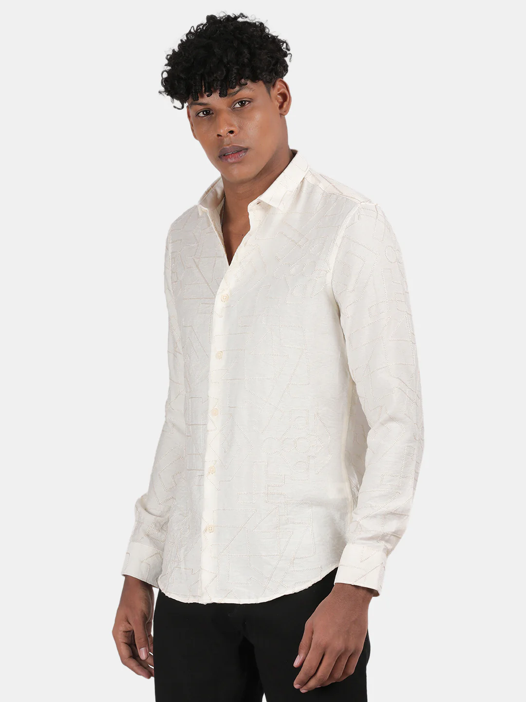 Men Cream Slim Fit Spread Collar Full Sleeve Casual Shirt - Image 5