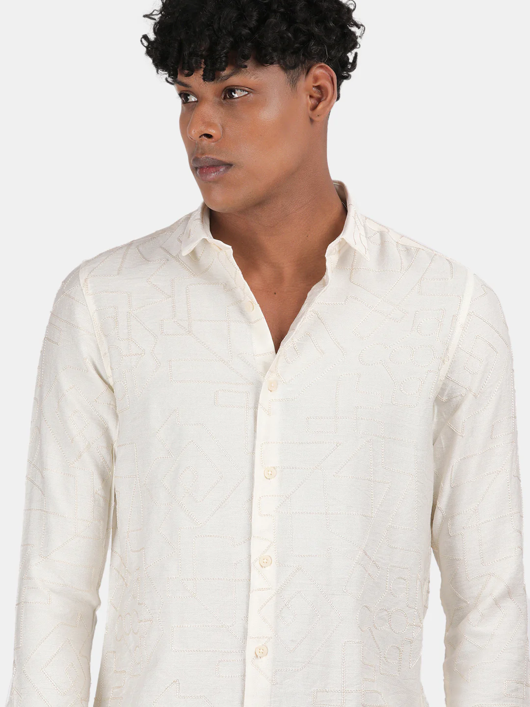 Men Cream Slim Fit Spread Collar Full Sleeve Casual Shirt - Image 6