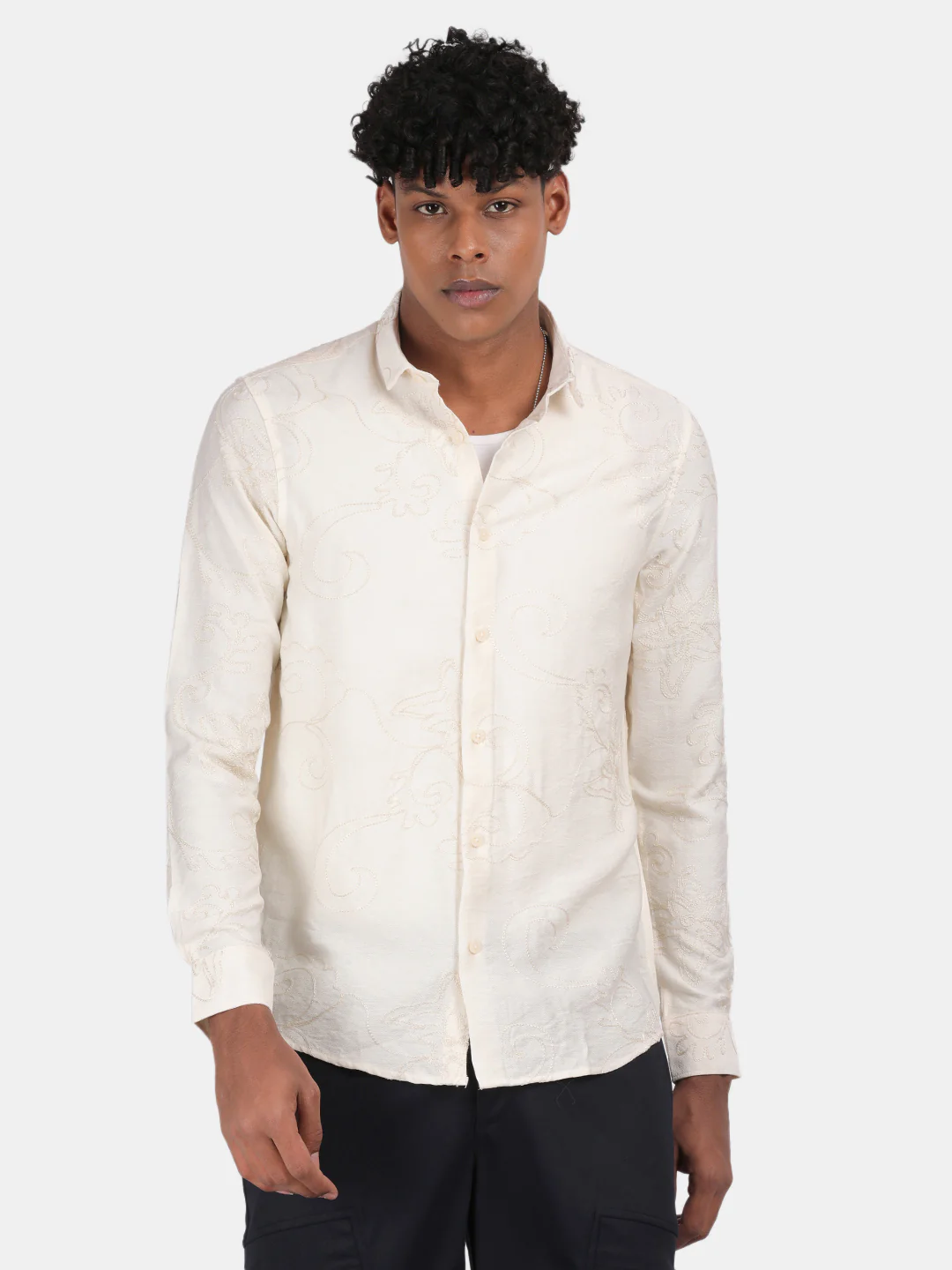 Men Cream Slim Fit Spread Collar Full Sleeve Casual Shirt - Image 2