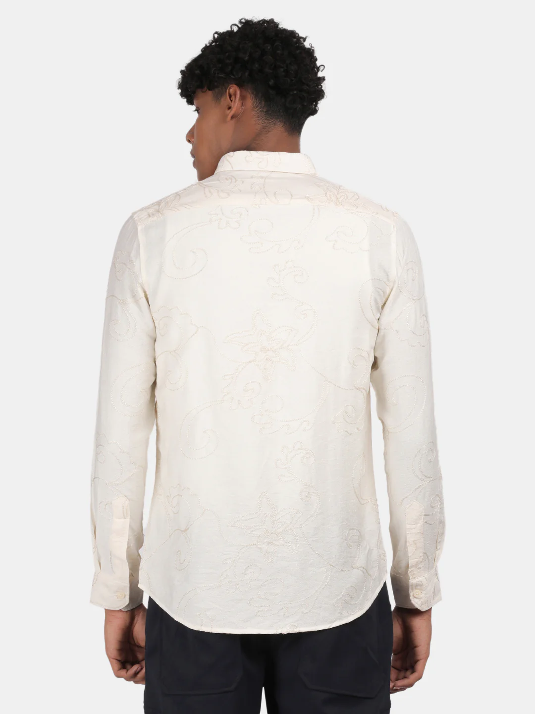 Men Cream Slim Fit Spread Collar Full Sleeve Casual Shirt - Image 3