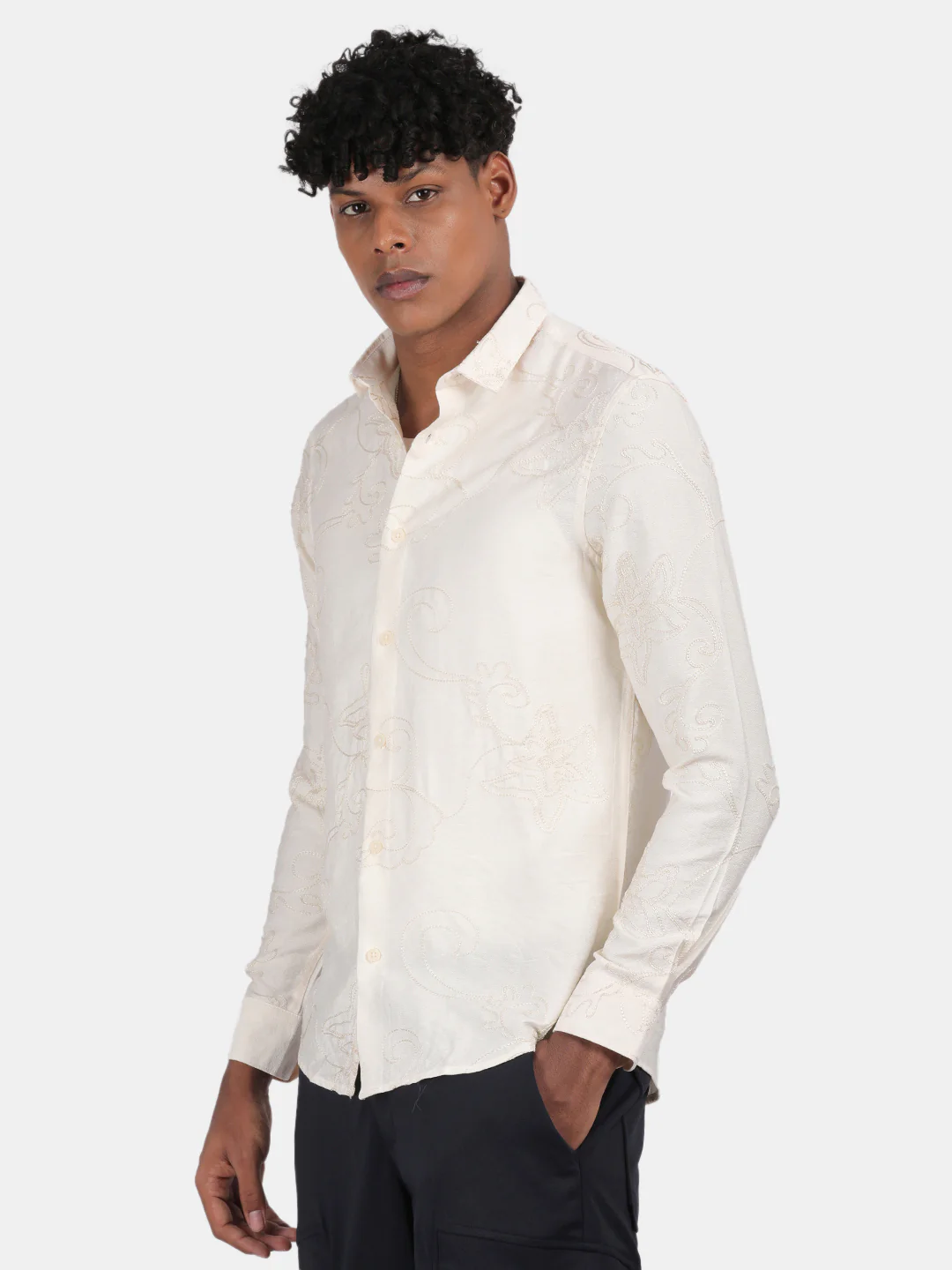Men Cream Slim Fit Spread Collar Full Sleeve Casual Shirt - Image 5