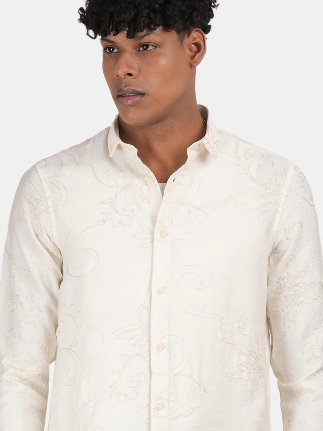 Men Cream Slim Fit Spread Collar Full Sleeve Casual Shirt - Image 6