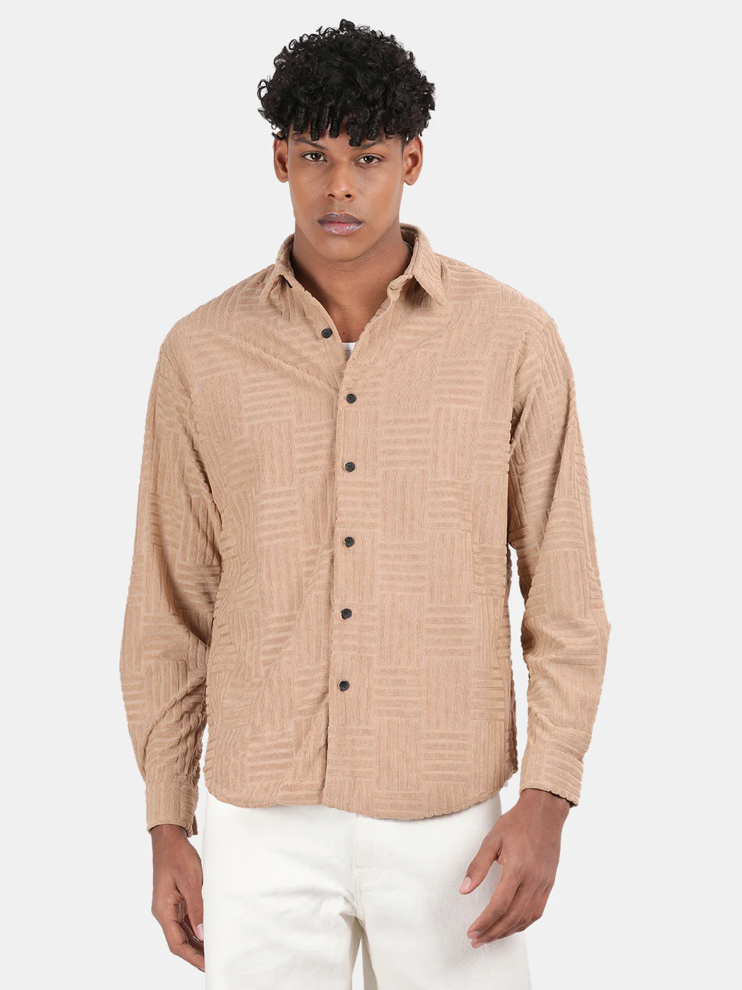 Men Cream Slim Fit Spread Collar Full Sleeve Casual Shirt - Image 2