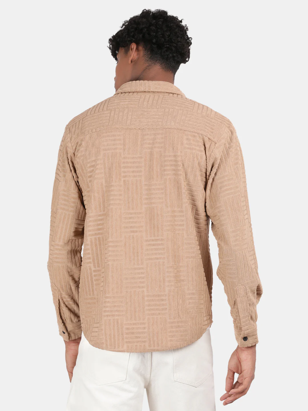 Men Cream Slim Fit Spread Collar Full Sleeve Casual Shirt - Image 3