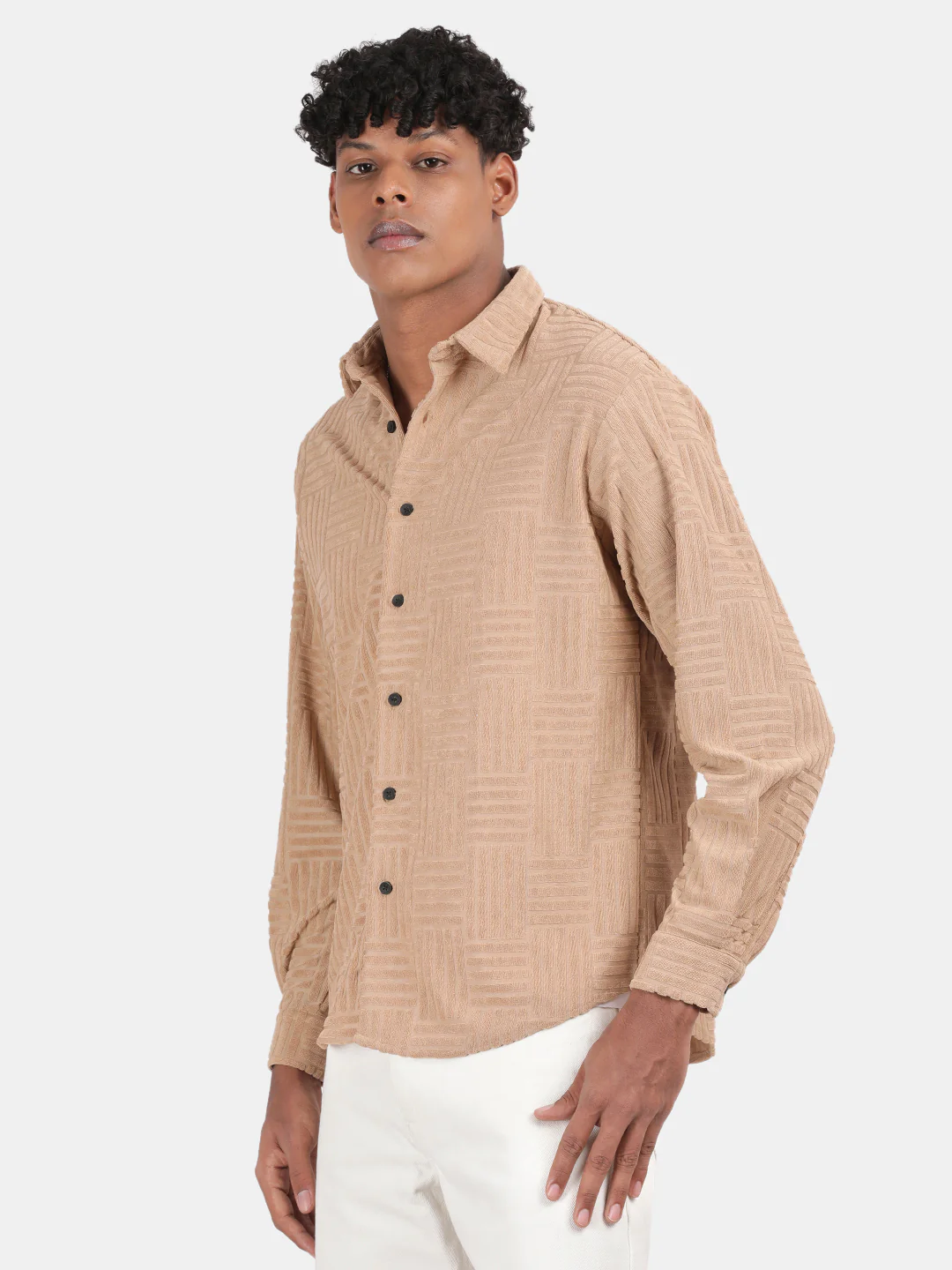 Men Cream Slim Fit Spread Collar Full Sleeve Casual Shirt - Image 5