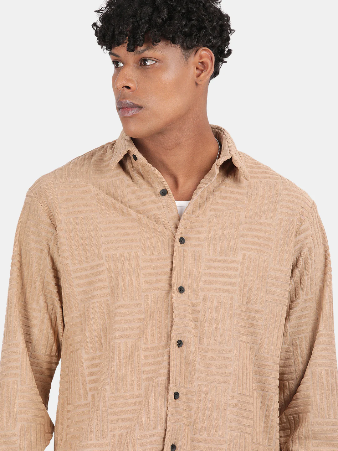 Men Cream Slim Fit Spread Collar Full Sleeve Casual Shirt - Image 6