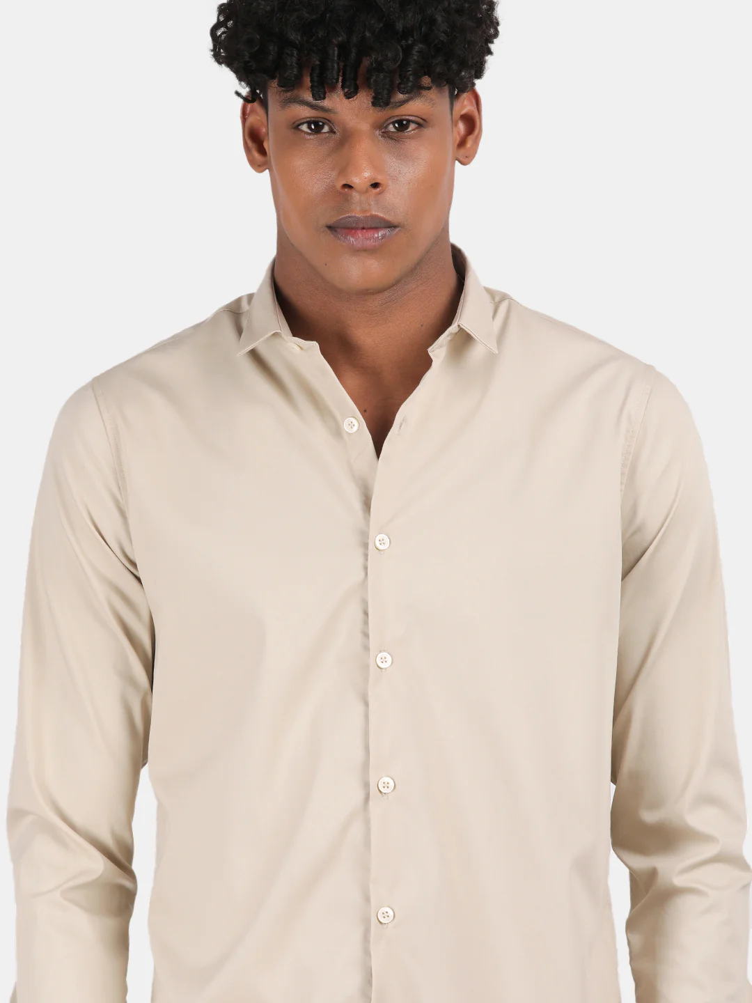 Men Cream Slim Fit Spread Collar Full Sleeve Casual Shirt - Image 2
