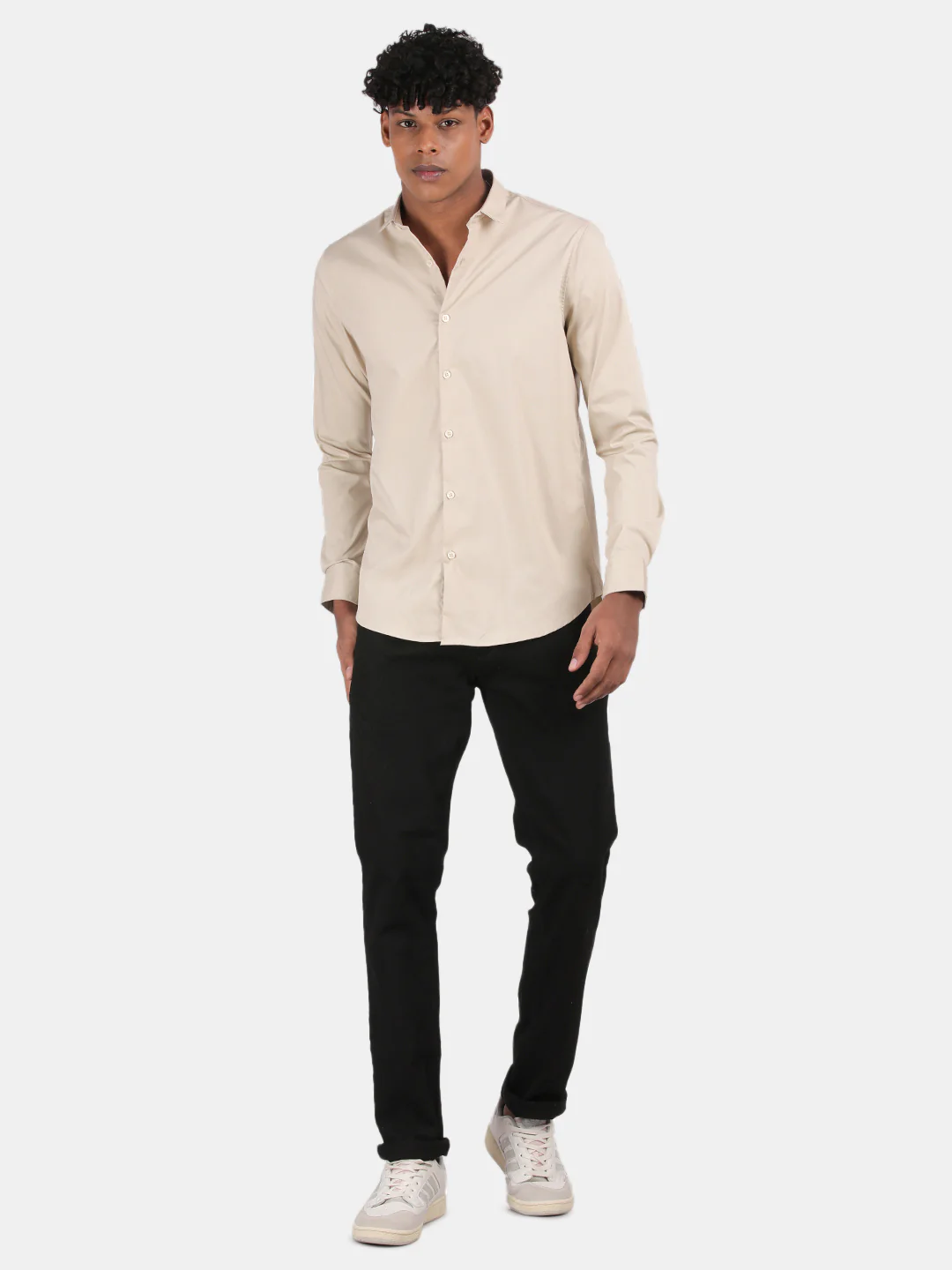 Men Cream Slim Fit Spread Collar Full Sleeve Casual Shirt - Image 4
