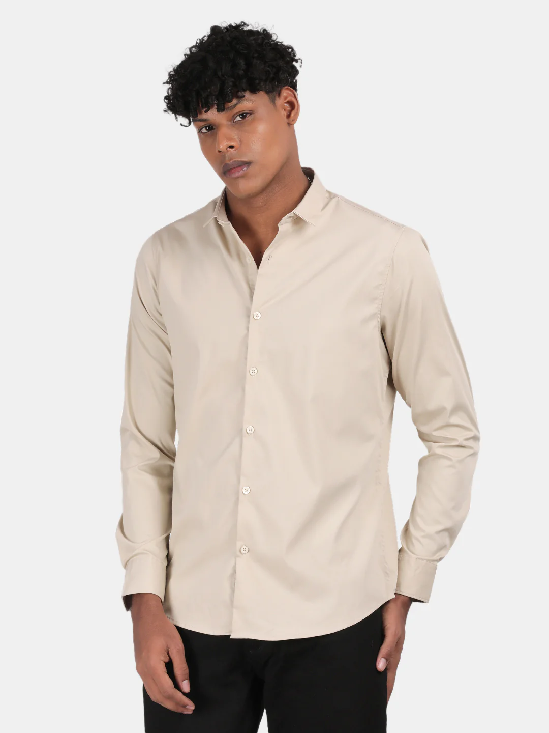 Men Cream Slim Fit Spread Collar Full Sleeve Casual Shirt - Image 5