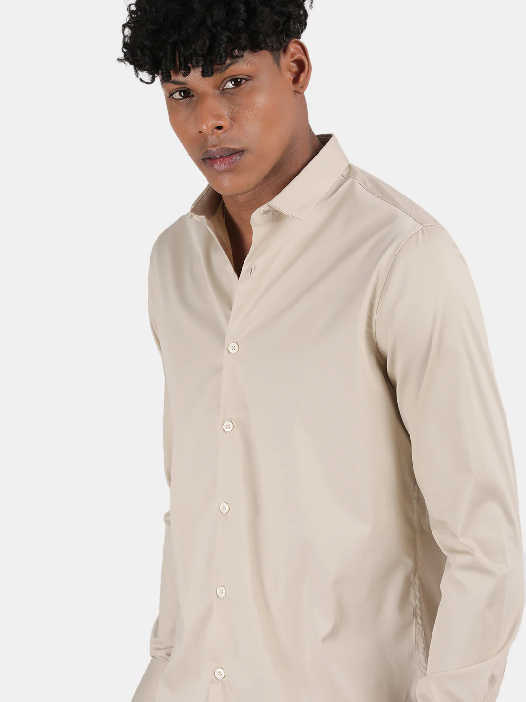 Men Cream Slim Fit Spread Collar Full Sleeve Casual Shirt - Image 6