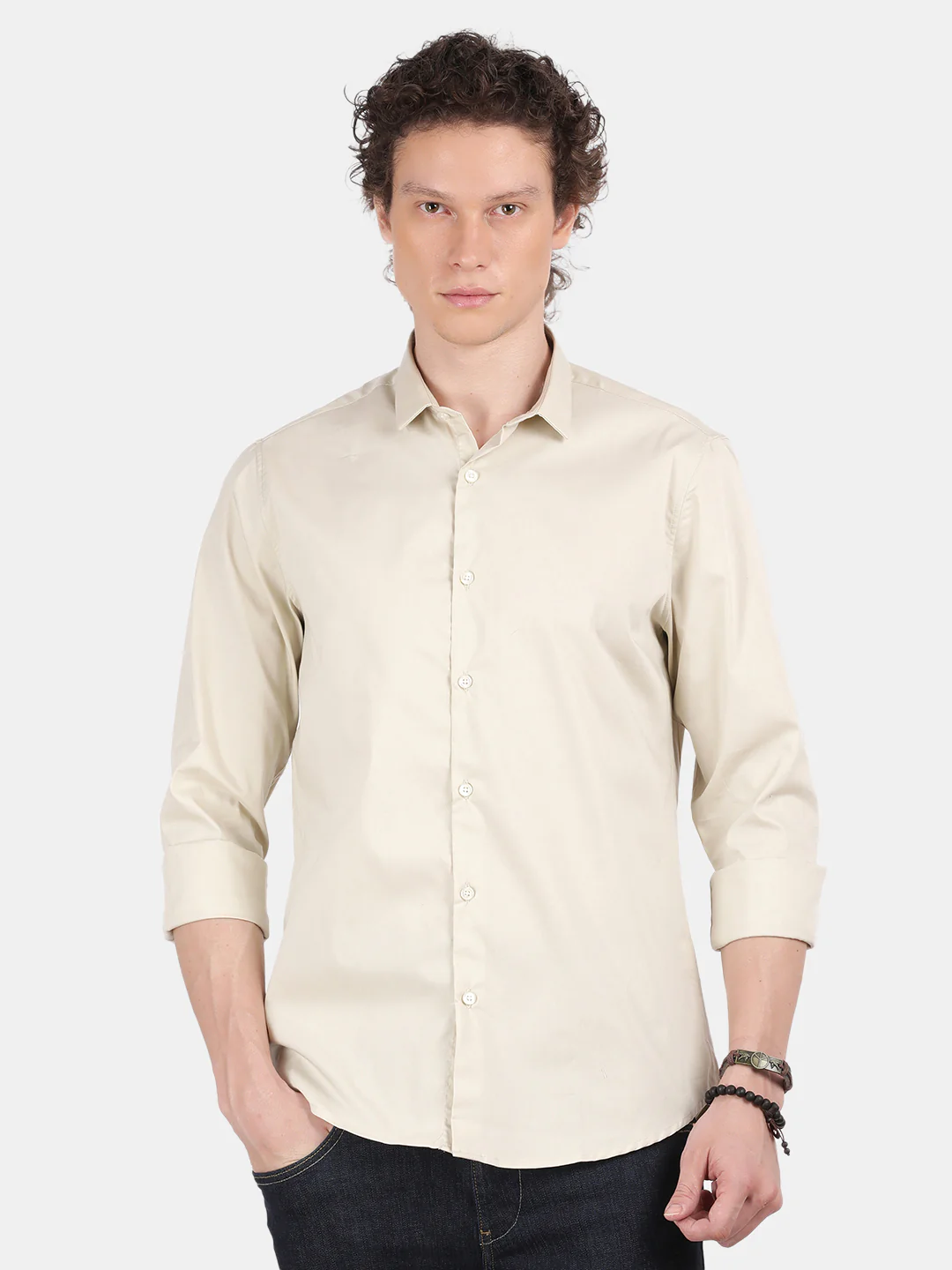 Men Cream Slim Fit Spread Collar Full Sleeve Casual Shirt - Image 2