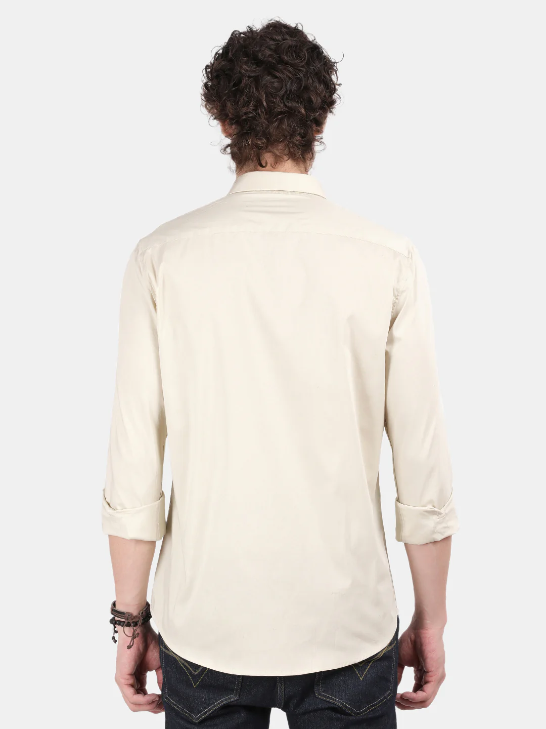 Men Cream Slim Fit Spread Collar Full Sleeve Casual Shirt - Image 3
