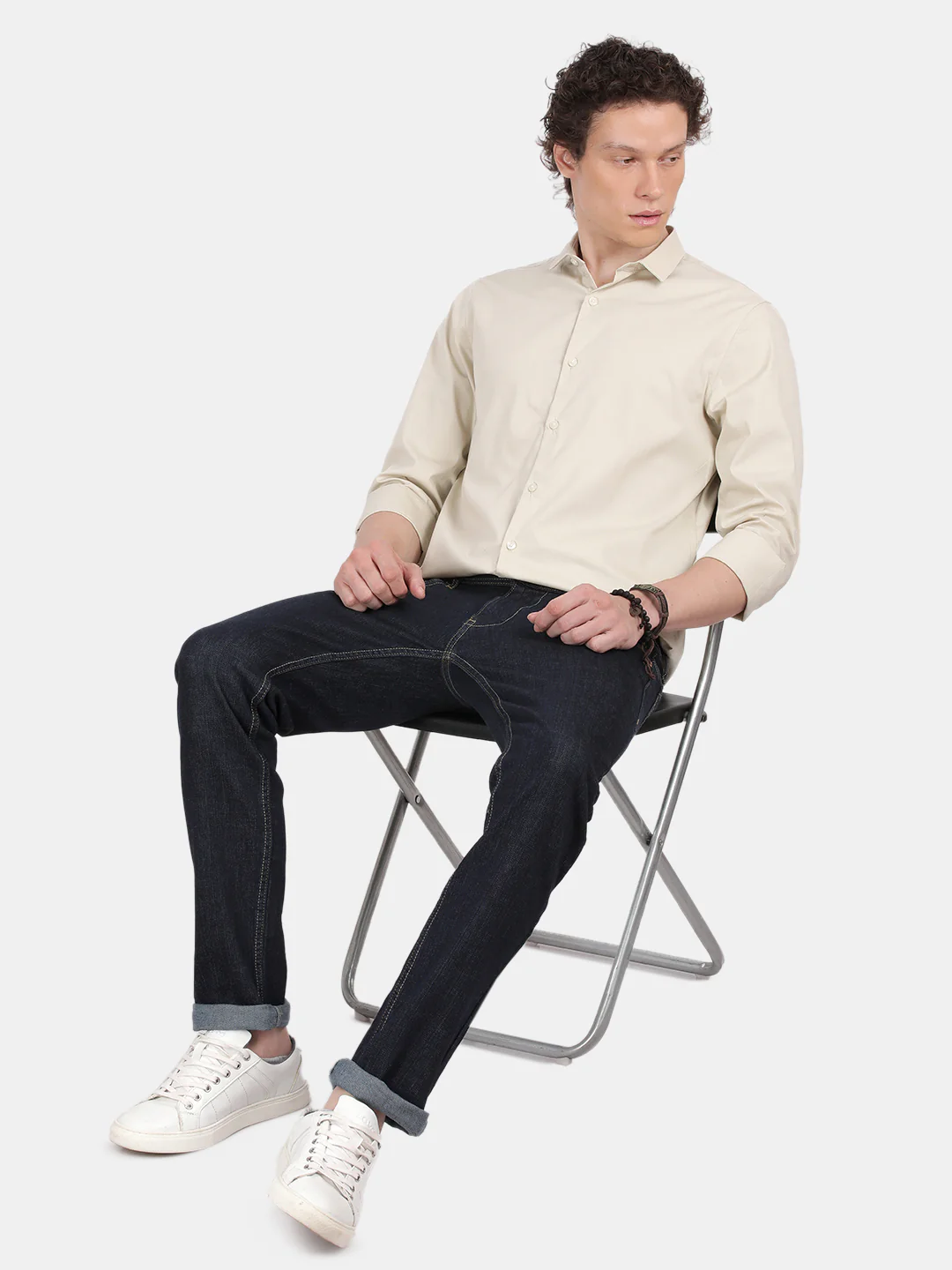 Men Cream Slim Fit Spread Collar Full Sleeve Casual Shirt - Image 4