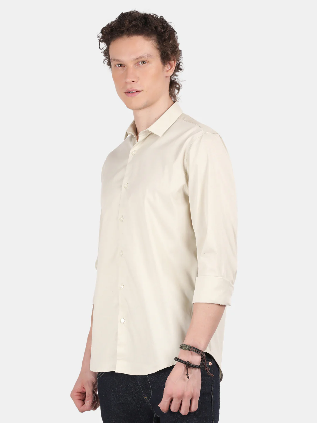 Men Cream Slim Fit Spread Collar Full Sleeve Casual Shirt - Image 5