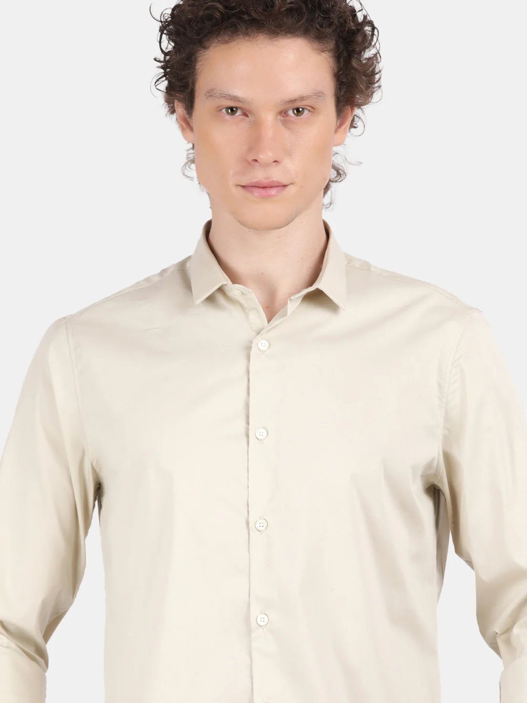 Men Cream Slim Fit Spread Collar Full Sleeve Casual Shirt - Image 6