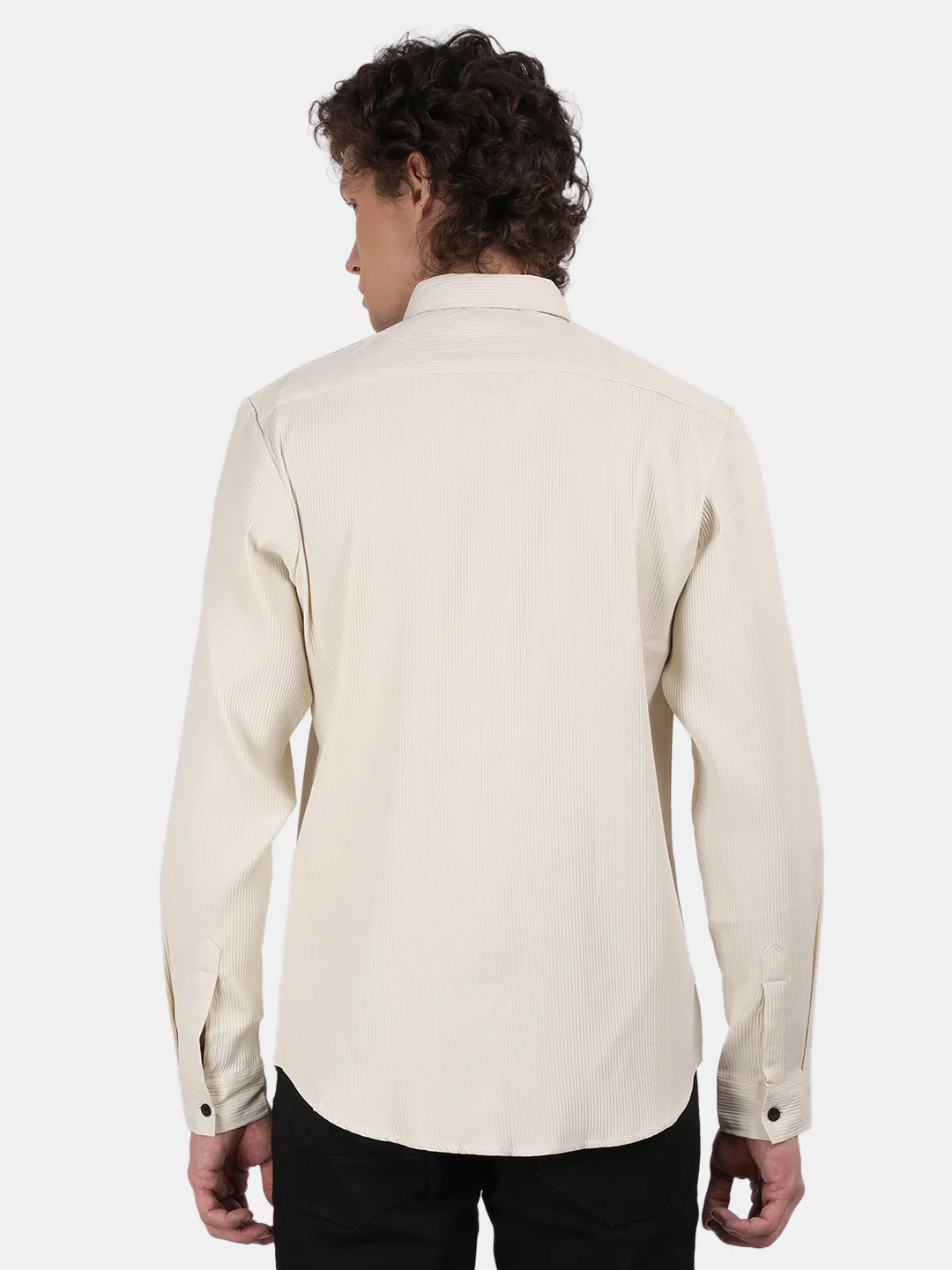 Men Cream Slim Fit Spread Collar Full Sleeve Casual Shirt - Image 3