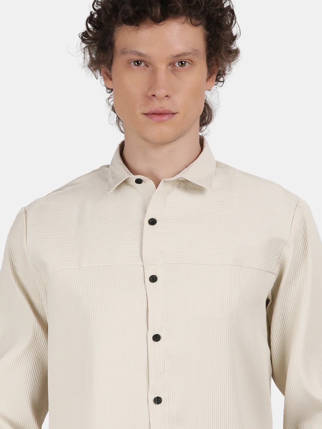 Men Cream Slim Fit Spread Collar Full Sleeve Casual Shirt - Image 4