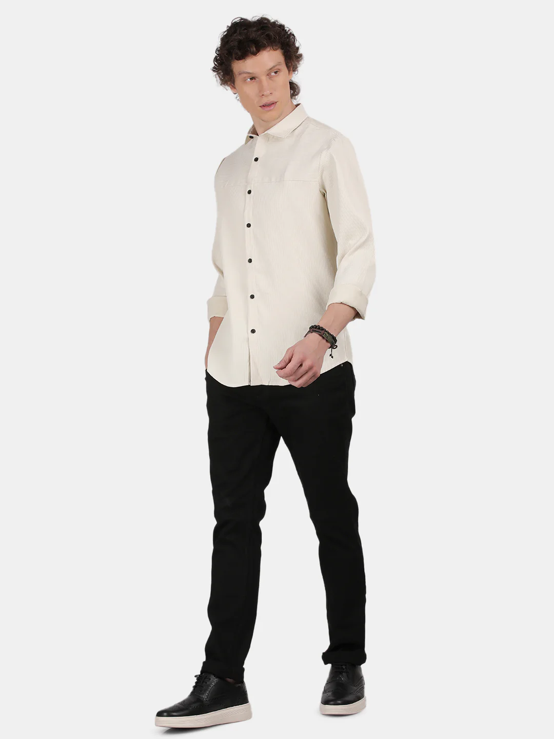 Men Cream Slim Fit Spread Collar Full Sleeve Casual Shirt - Image 5