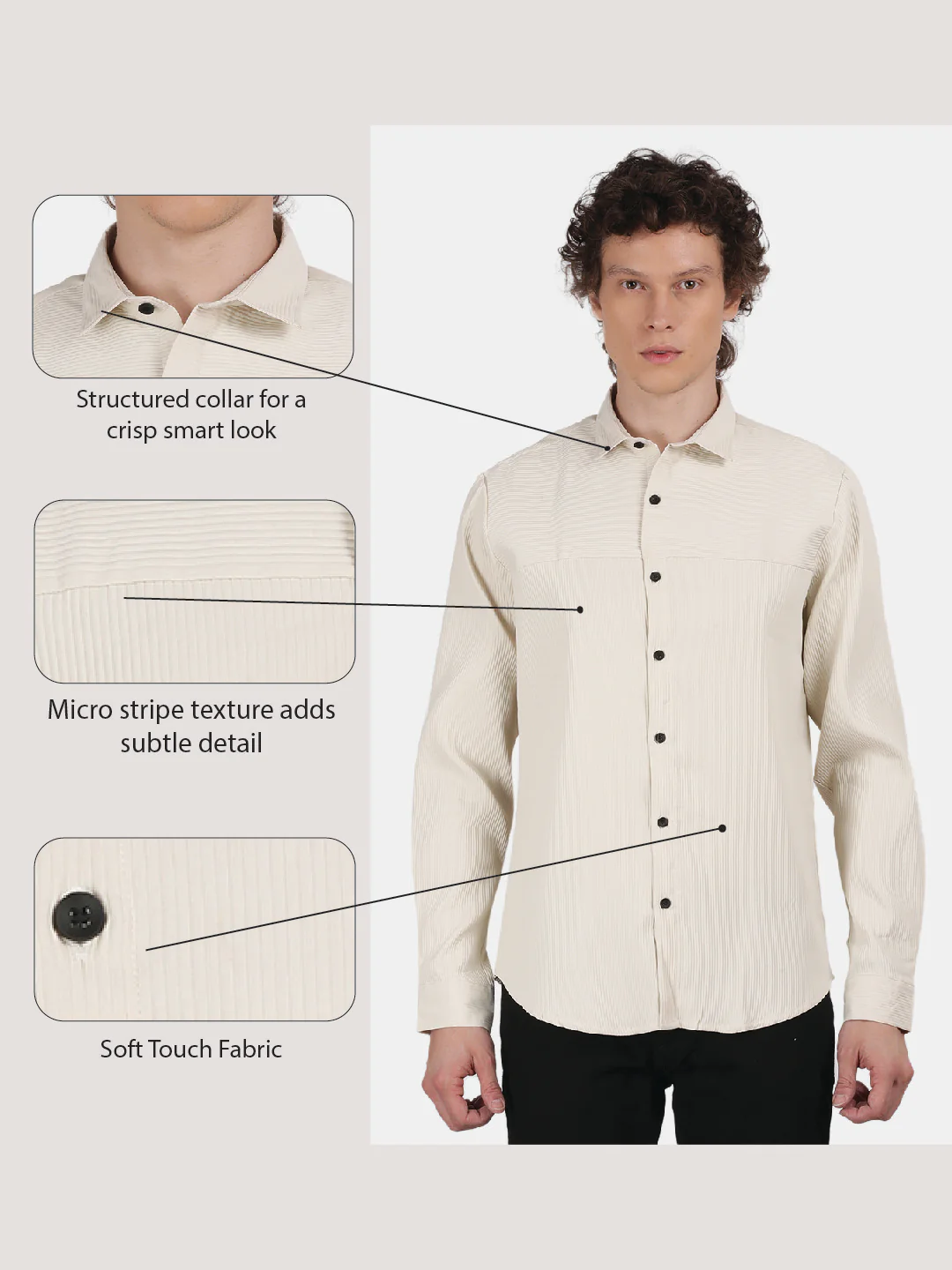 Men Cream Slim Fit Spread Collar Full Sleeve Casual Shirt - Image 6