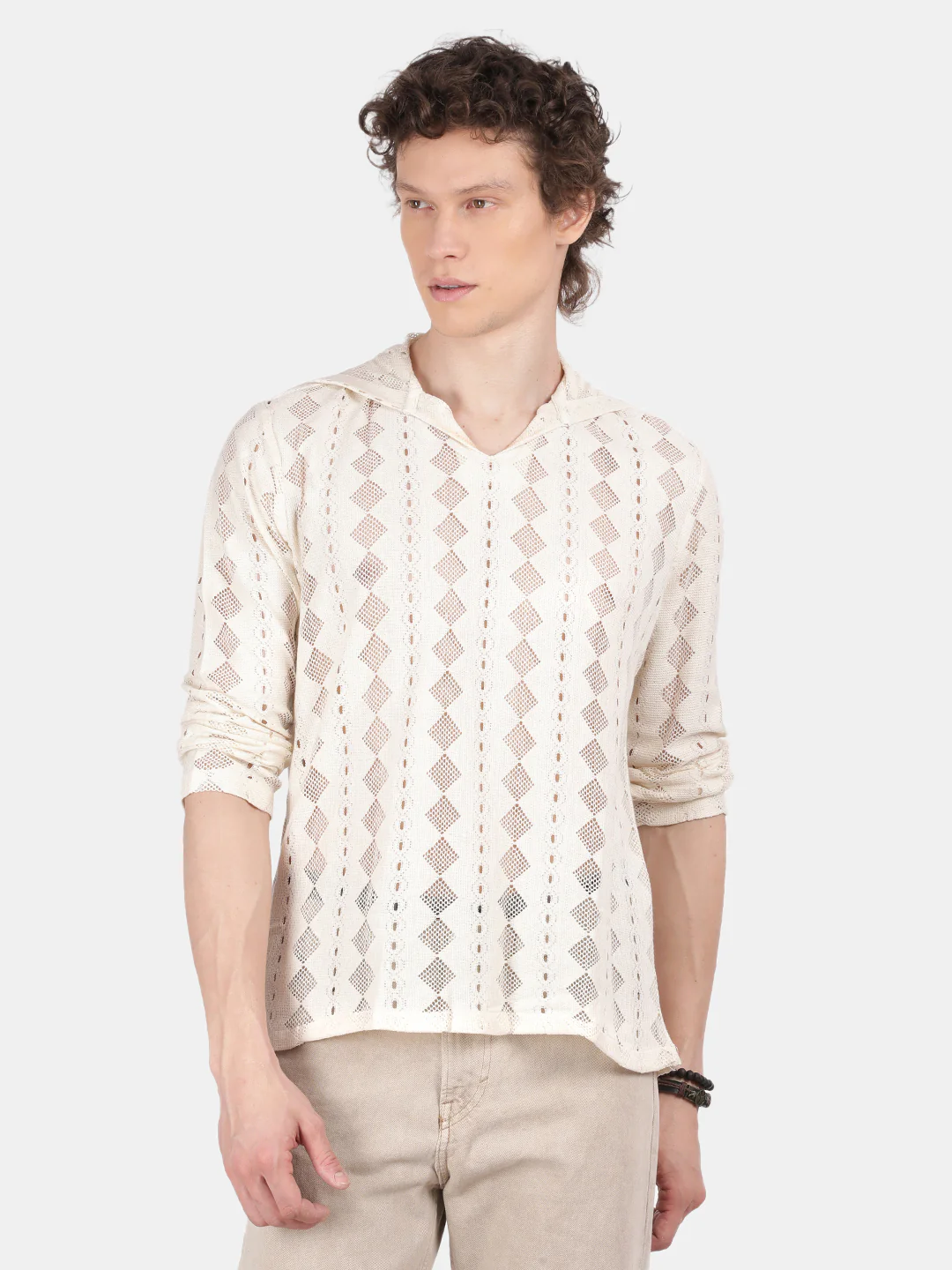 Men Cream Regular Fit Spread Collar Full Sleeve Hoodie - Image 2