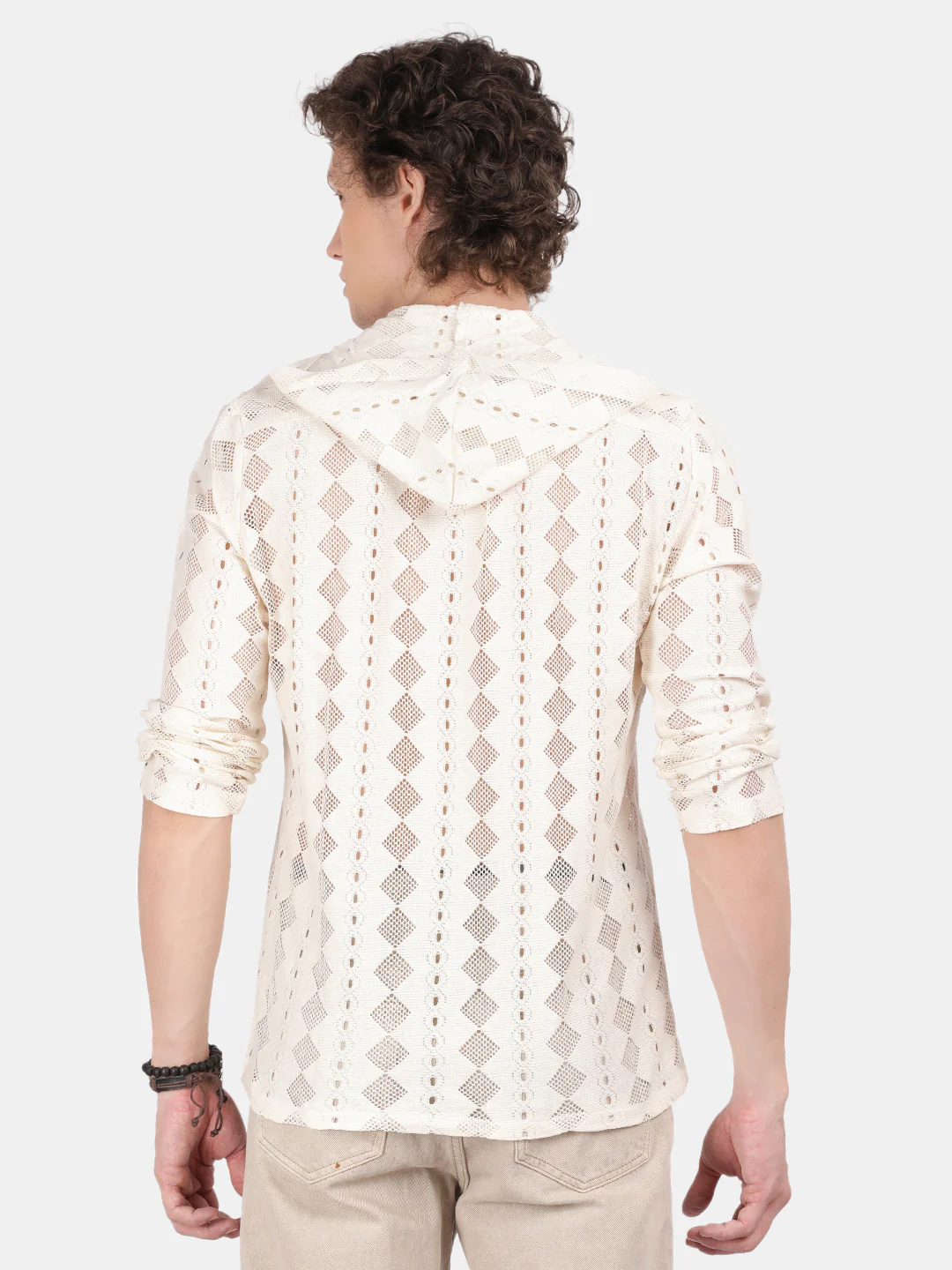 Men Cream Regular Fit Spread Collar Full Sleeve Hoodie - Image 3