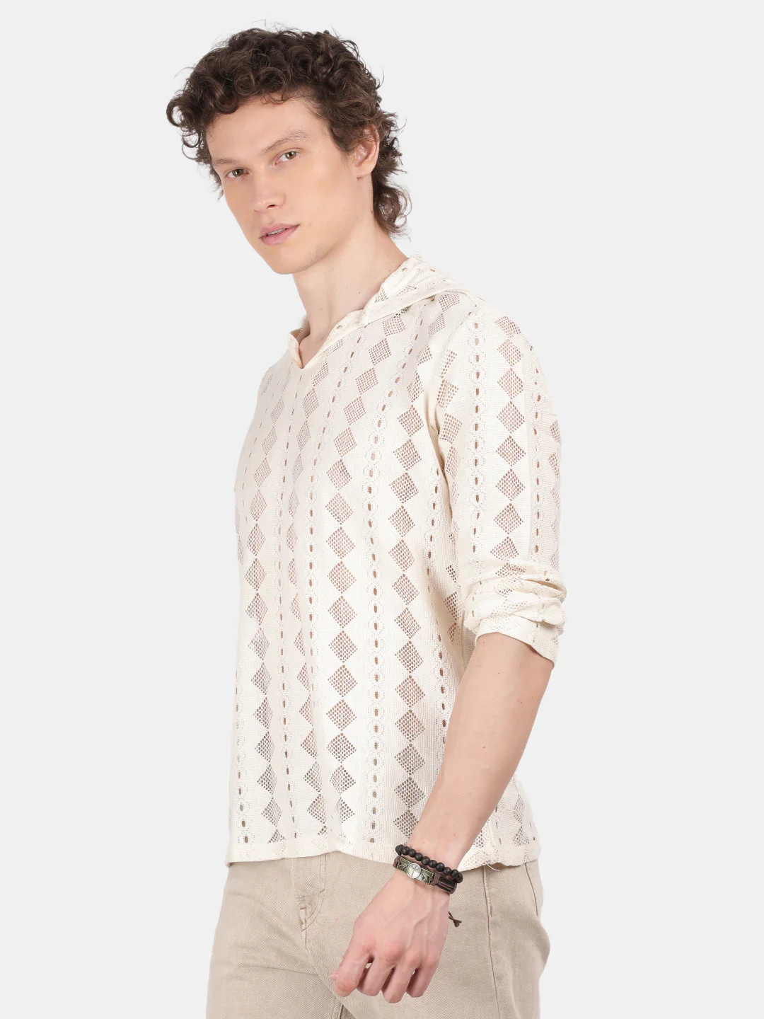 Men Cream Regular Fit Spread Collar Full Sleeve Hoodie - Image 5