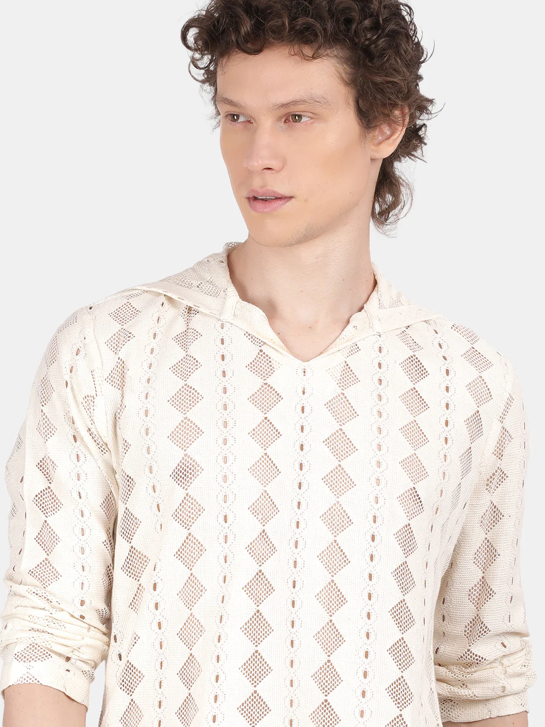 Men Cream Regular Fit Spread Collar Full Sleeve Hoodie - Image 6