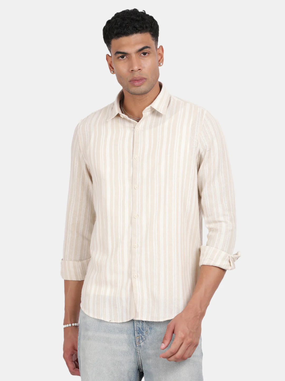 Men Cream Slim Fit Spread Collar Full Sleeve Casual Shirt - Image 2