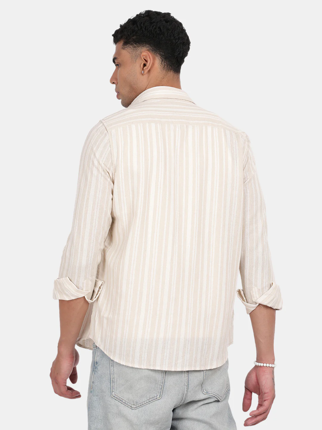 Men Cream Slim Fit Spread Collar Full Sleeve Casual Shirt - Image 3