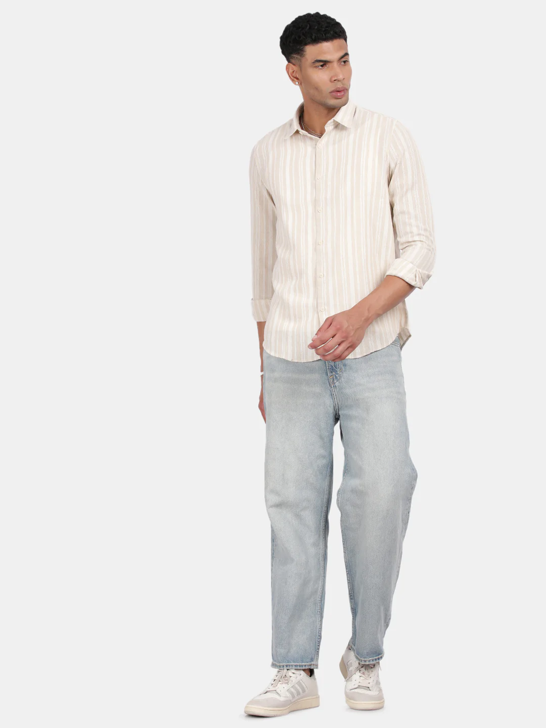 Men Cream Slim Fit Spread Collar Full Sleeve Casual Shirt - Image 4