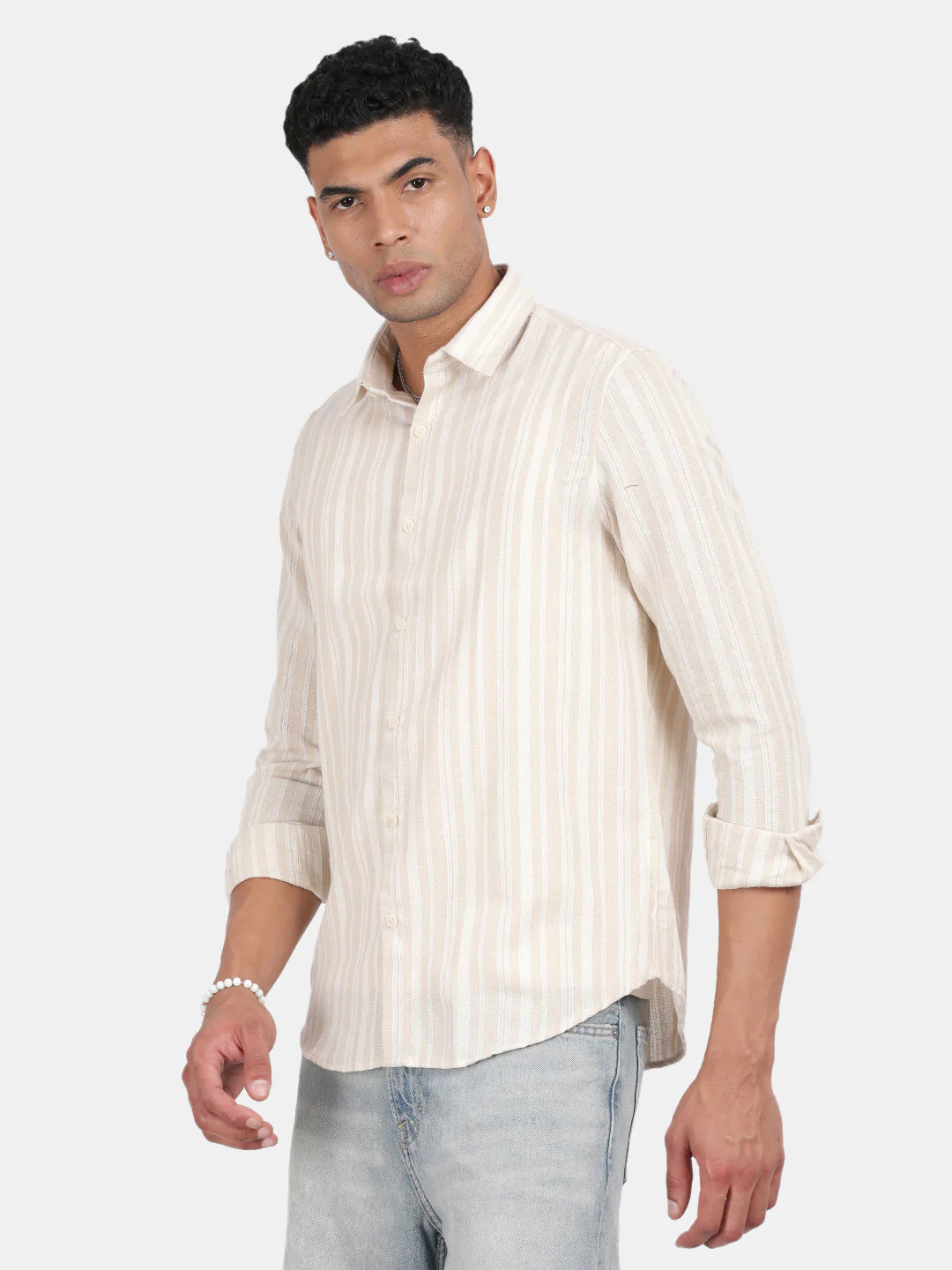 Men Cream Slim Fit Spread Collar Full Sleeve Casual Shirt - Image 5