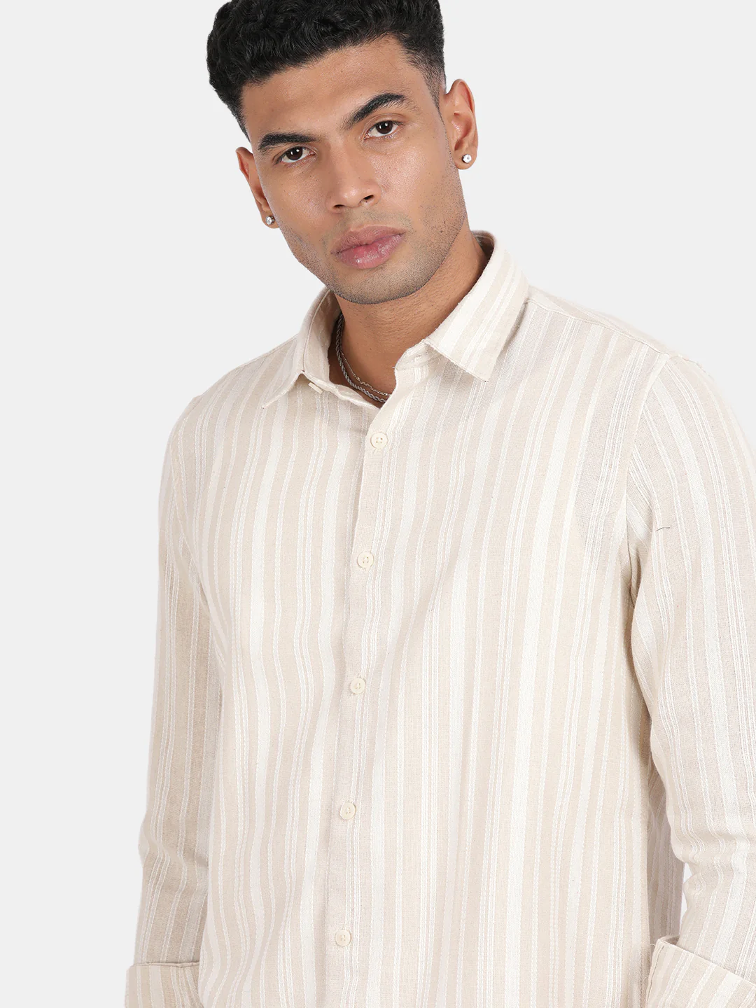 Men Cream Slim Fit Spread Collar Full Sleeve Casual Shirt - Image 6