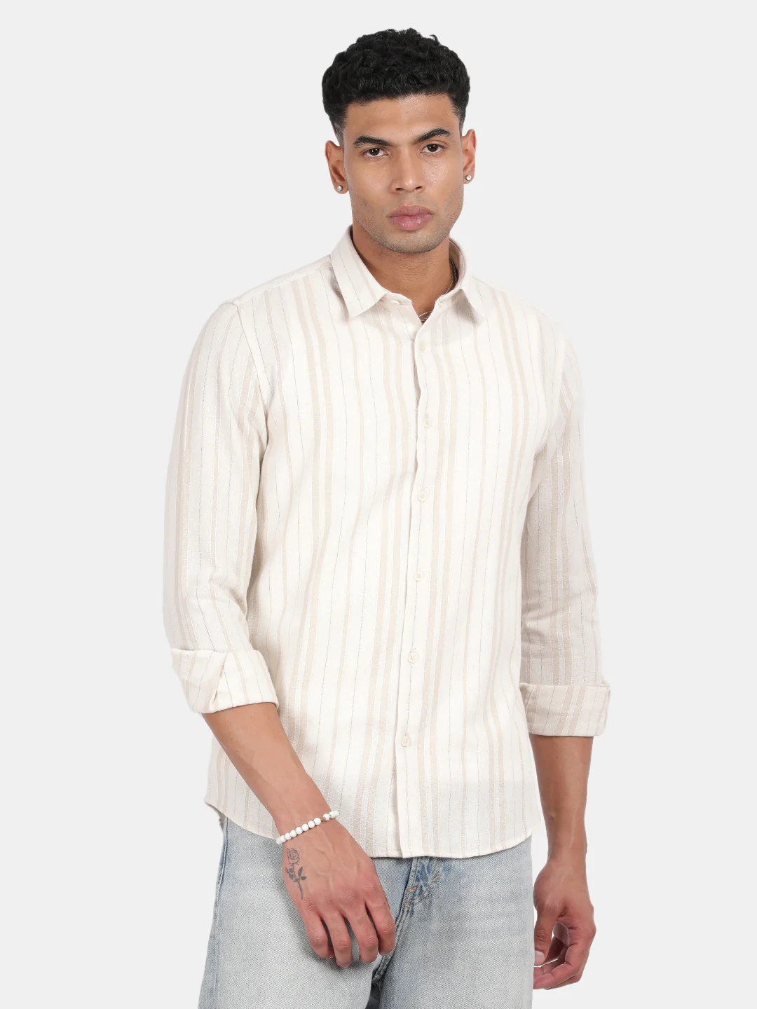 Men Cream Slim Fit Spread Collar Full Sleeve Casual Shirt