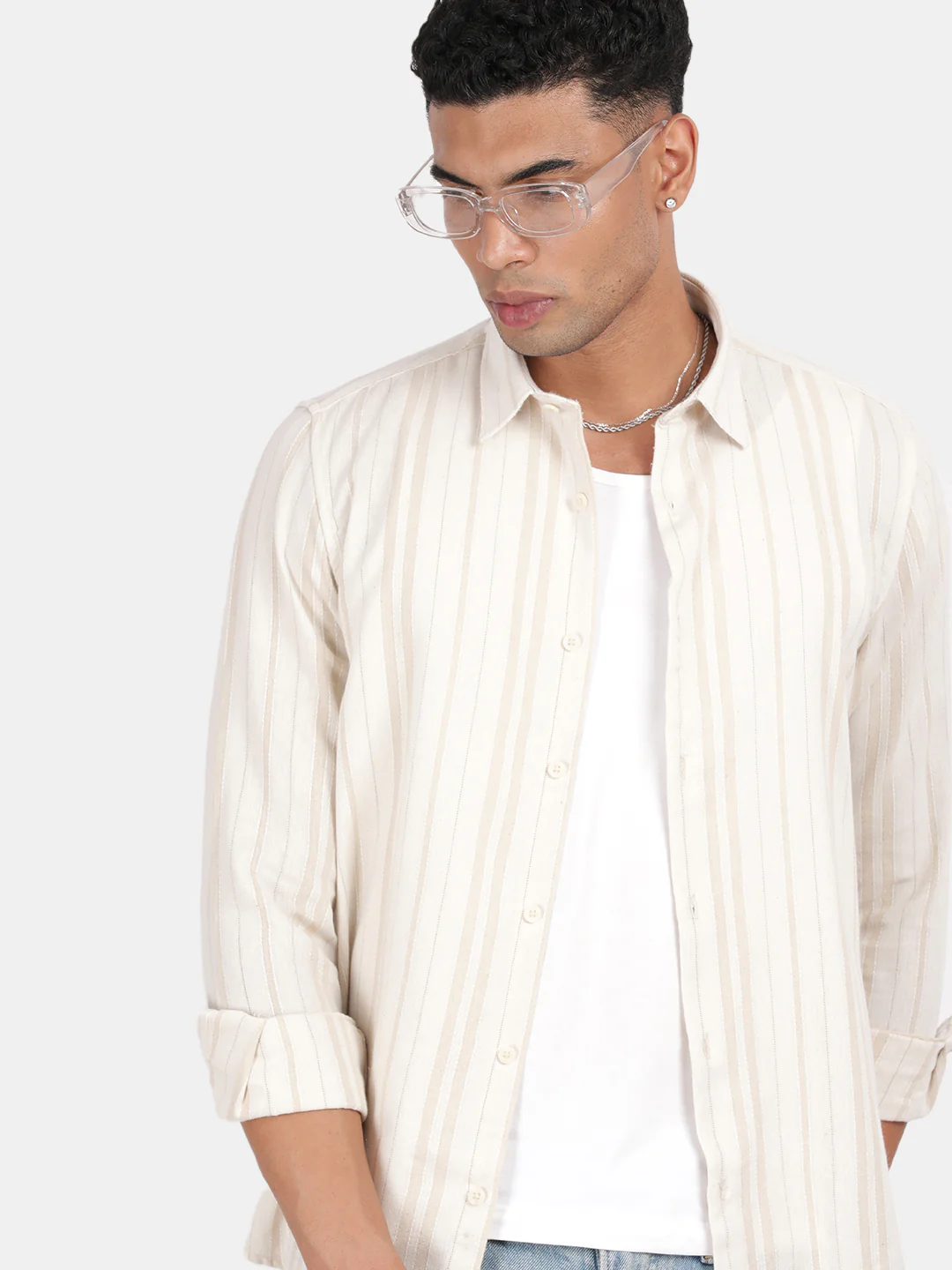 Men Cream Slim Fit Spread Collar Full Sleeve Casual Shirt - Image 2