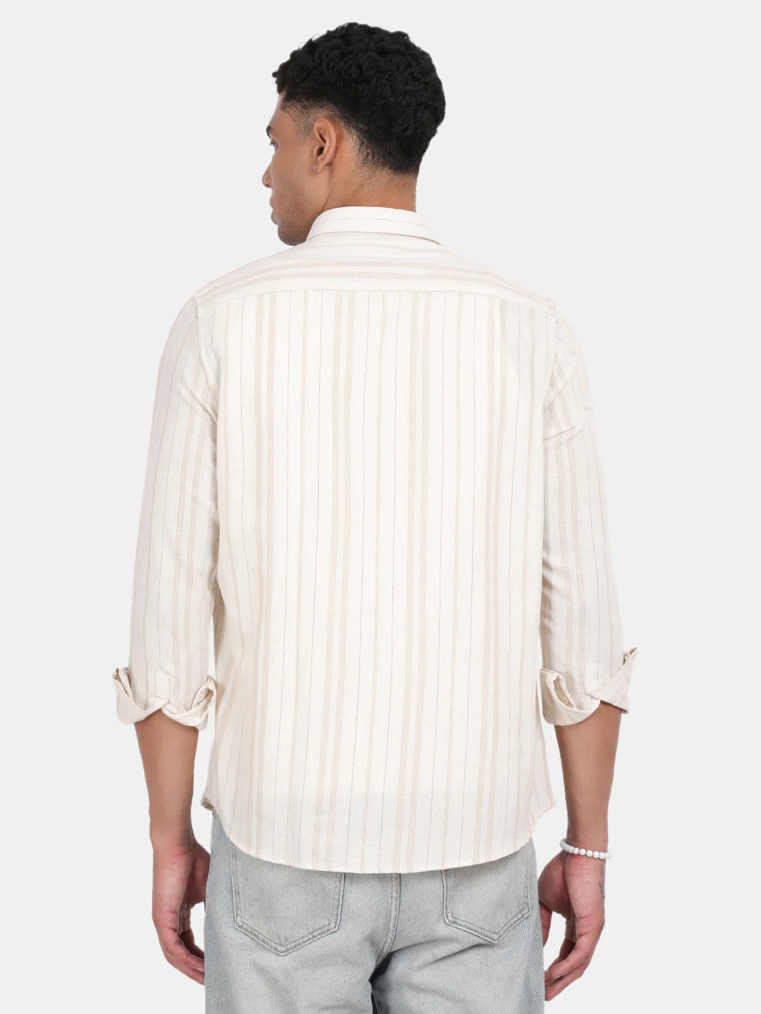 Men Cream Slim Fit Spread Collar Full Sleeve Casual Shirt - Image 4