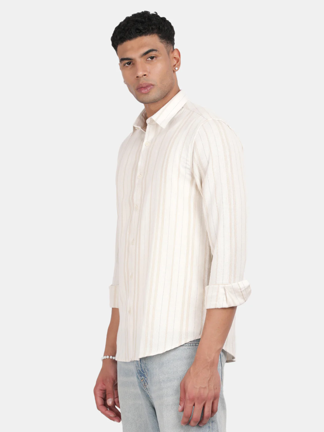 Men Cream Slim Fit Spread Collar Full Sleeve Casual Shirt - Image 5