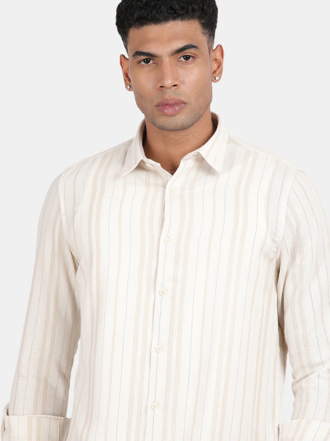 Men Cream Slim Fit Spread Collar Full Sleeve Casual Shirt - Image 6