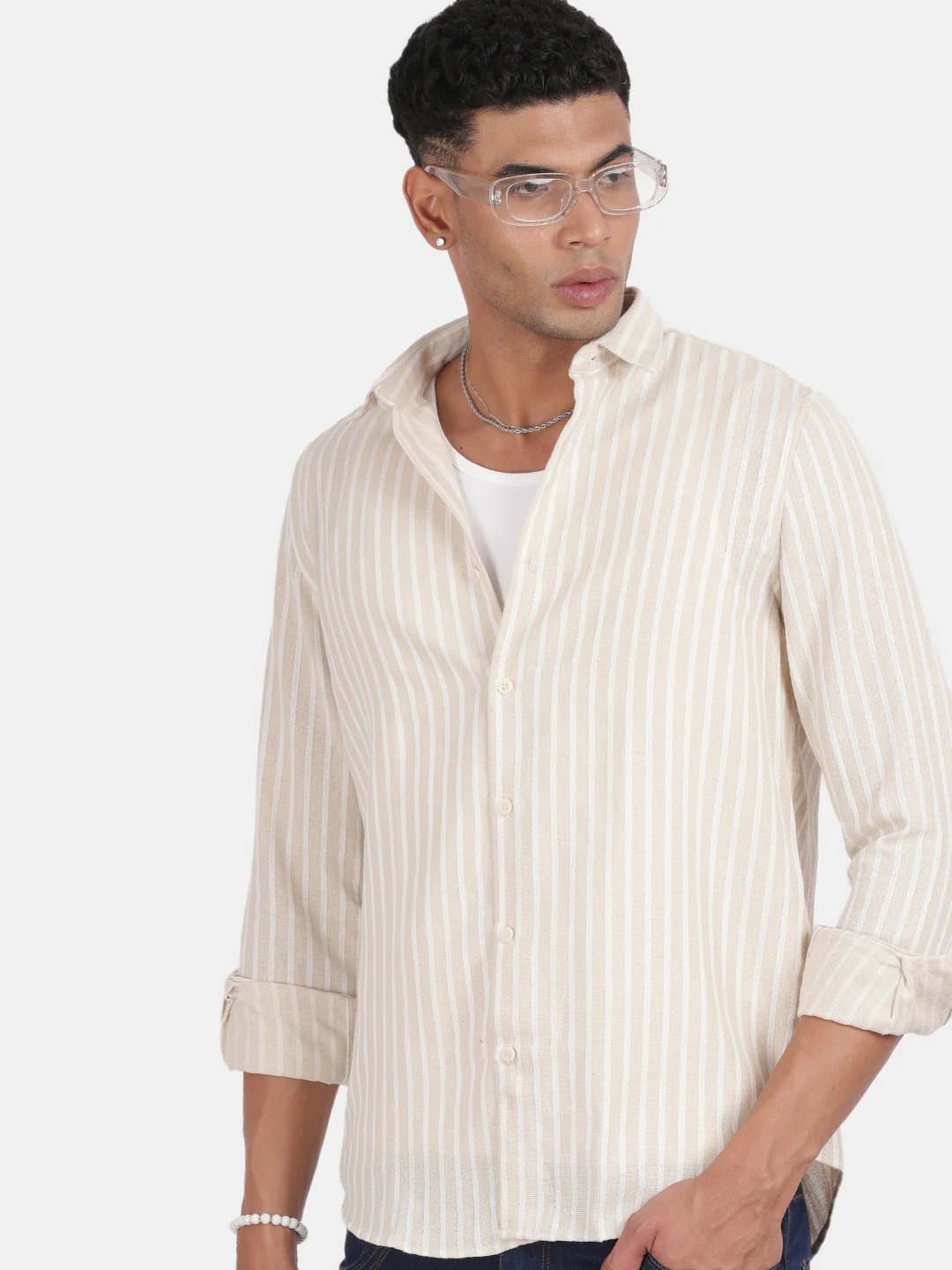 Men Cream Slim Fit Spread Collar Full Sleeve Casual Shirt - Image 2
