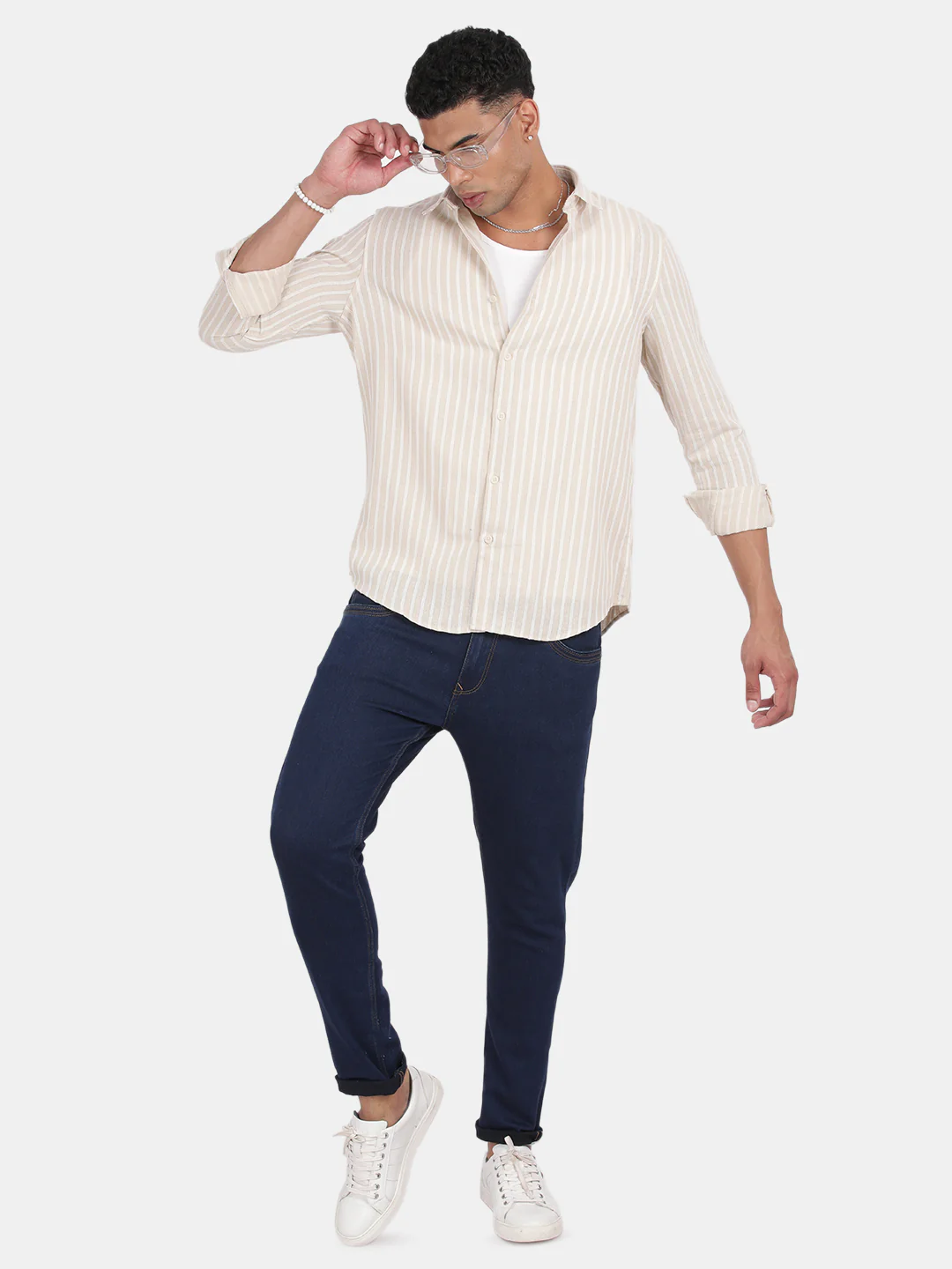 Men Cream Slim Fit Spread Collar Full Sleeve Casual Shirt - Image 3