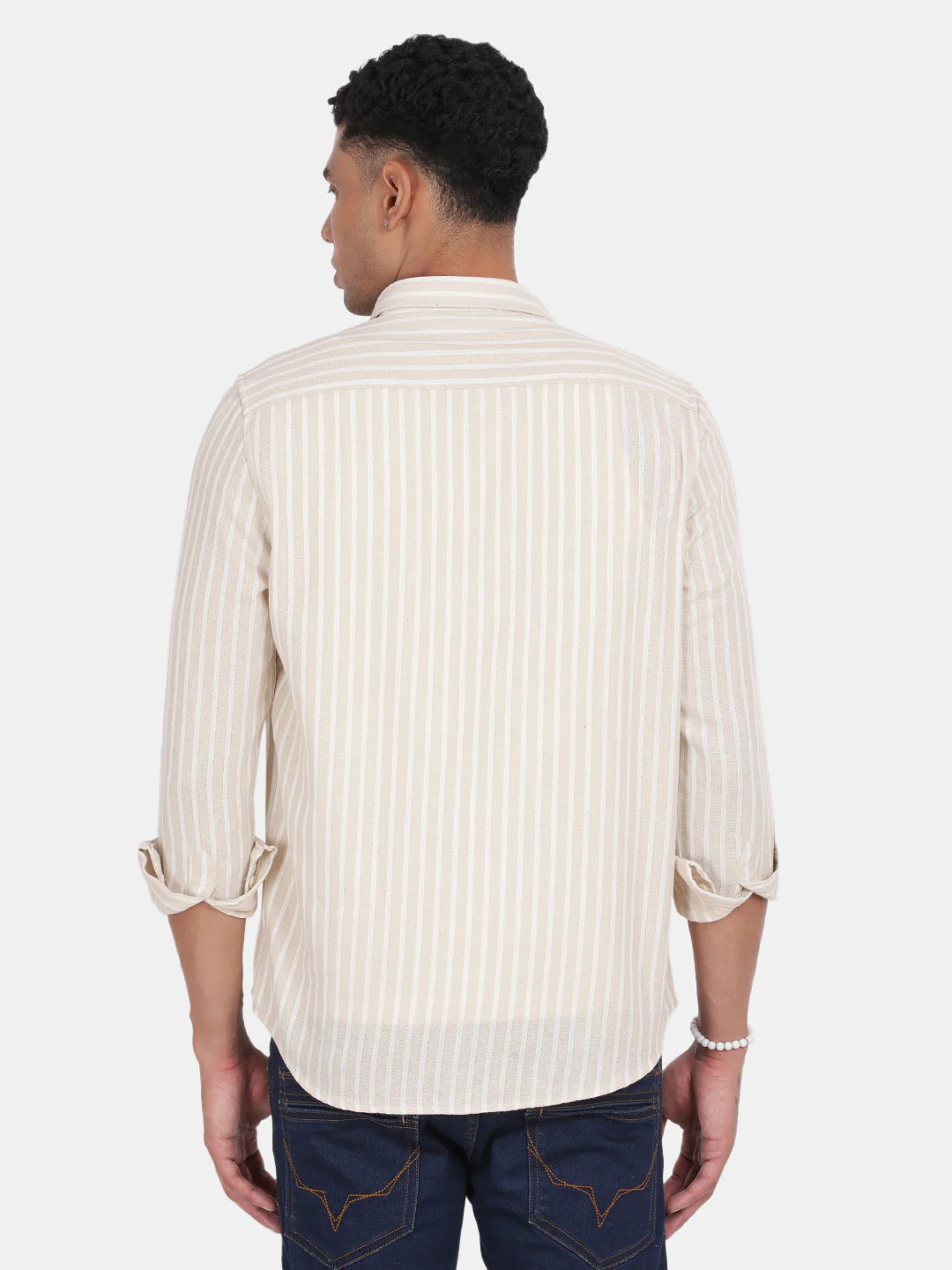 Men Cream Slim Fit Spread Collar Full Sleeve Casual Shirt - Image 4