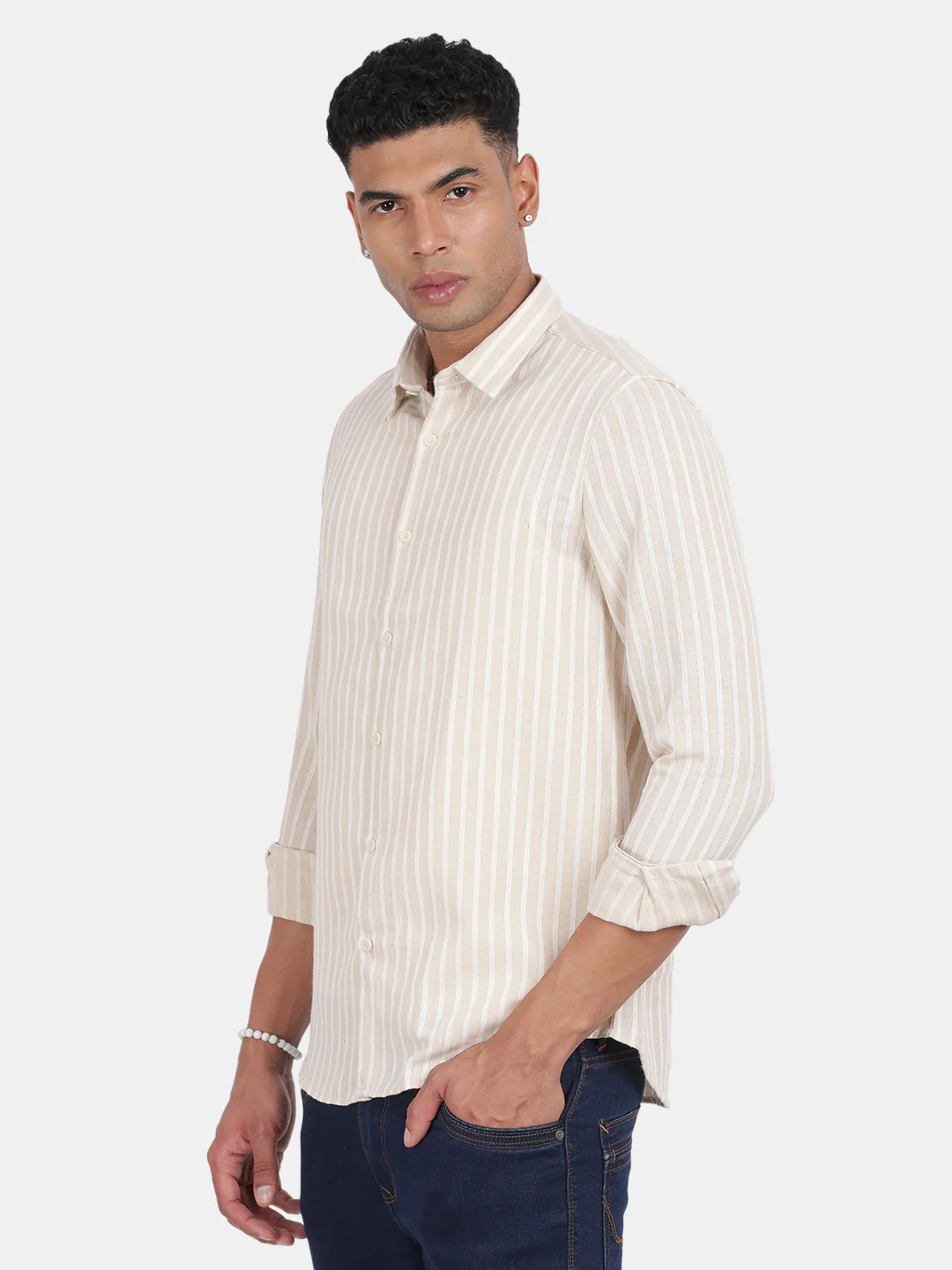 Men Cream Slim Fit Spread Collar Full Sleeve Casual Shirt - Image 5